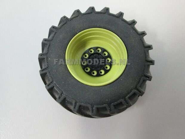 &Oslash; 47 mm: 4x brede banden + alu. velgen MB Trac 1100 , Velgen MB Trac groen + zwarte planeetkappen + wielboutringen, geschikt voor MB trac 1100 1:32            
