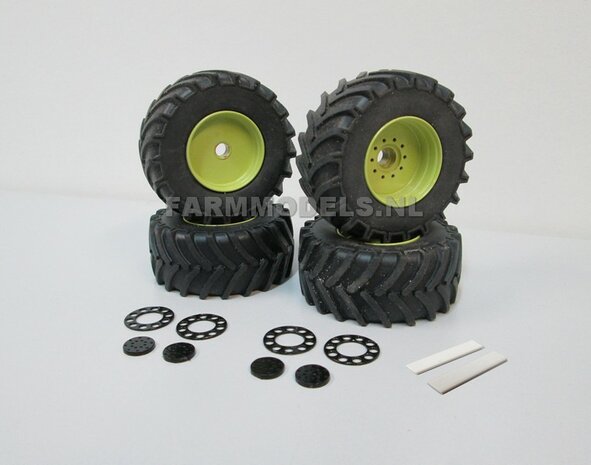 &Oslash; 47 mm: 4x brede banden + alu. velgen MB Trac 1100 , Velgen MB Trac groen + zwarte planeetkappen + wielboutringen, geschikt voor MB trac 1100 1:32            