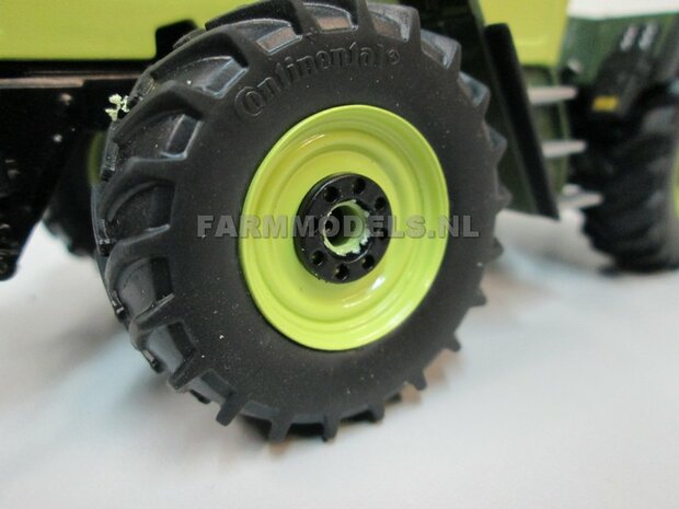 &Oslash; 47 mm: 4x brede banden + alu. velgen MB Trac 1100 , Velgen MB Trac groen + zwarte planeetkappen + wielboutringen, geschikt voor MB trac 1100 1:32            