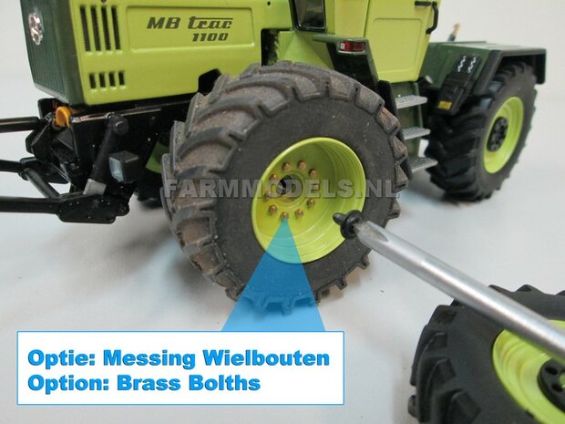 &Oslash; 47 mm: 4x brede banden + alu. velgen MB Trac 1100 , Velgen MB Trac groen + zwarte planeetkappen + wielboutringen, geschikt voor MB trac 1100 1:32            