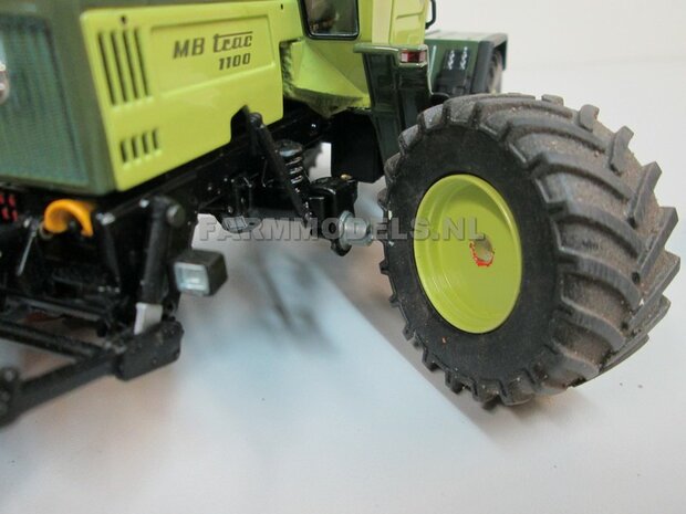 &Oslash; 47 mm: 4x brede banden + alu. velgen MB Trac 1100 , Velgen MB Trac groen + zwarte planeetkappen + wielboutringen, geschikt voor MB trac 1100 1:32            