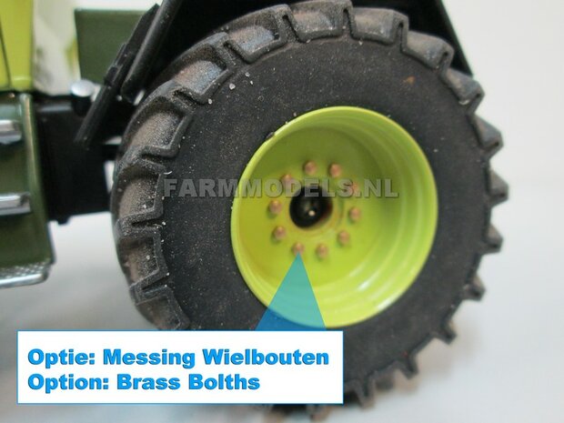&Oslash; 47 mm: 4x brede banden + alu. velgen MB Trac 1100 , Velgen MB Trac groen + zwarte planeetkappen + wielboutringen, geschikt voor MB trac 1100 1:32            