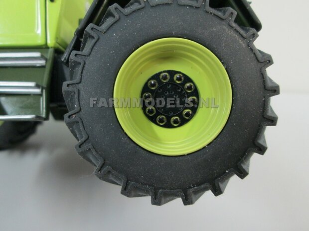 &Oslash; 47 mm: 4x brede banden + alu. velgen MB Trac 1100 , Velgen MB Trac groen + zwarte planeetkappen + wielboutringen, geschikt voor MB trac 1100 1:32            
