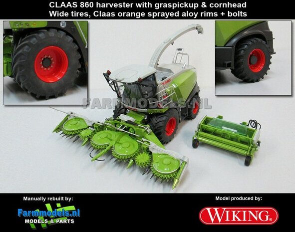 Claas Jaguar 860 op Brede banden + 1x Orbis 750 + PU 300 graspickup &amp; koel roosters geplaatst op hakselaar 1:32, Wiking