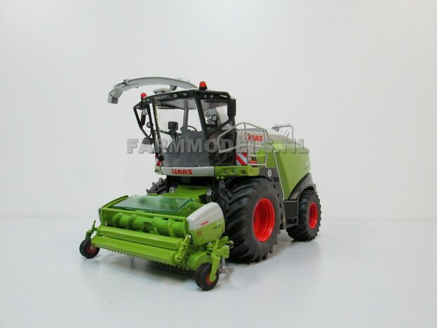 Claas Jaguar 860 op Brede banden + 1x Orbis 750 + PU 300 graspickup &amp; koel roosters geplaatst op hakselaar 1:32, Wiking