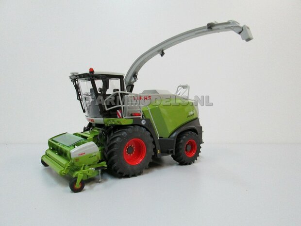 Claas Jaguar 860 op Brede banden + 1x Orbis 750 + PU 300 graspickup &amp; koel roosters geplaatst op hakselaar 1:32, Wiking