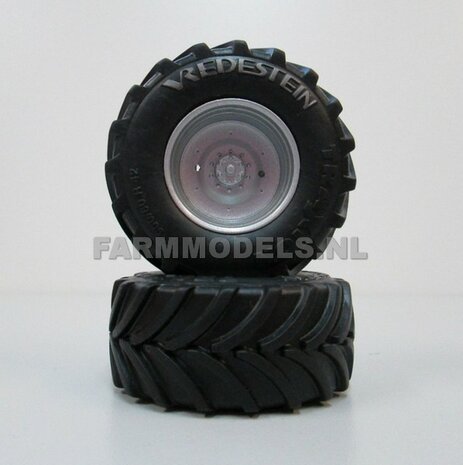 &Oslash; 68.2 x 31.3 mm: UNIVERSEEL: 2x Vredestein Traxion banden + Vredestein opdruk licht grijs + Diecast velgen ALU.-METALIC Gespoten geleverd 1:32 Universele set 