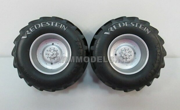 &Oslash; 68.2 x 31.3 mm: UNIVERSEEL: 2x Vredestein Traxion banden + Vredestein opdruk licht grijs + Diecast velgen ALU.-METALIC Gespoten geleverd 1:32 Universele set 