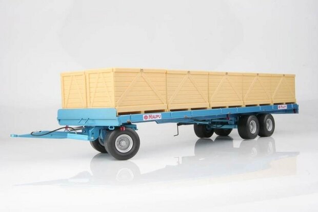 Maupu PM1180/200 Palox Blauwe platte wagen + 10 kisten - 6-wielige aanhanger 1:32 REP010