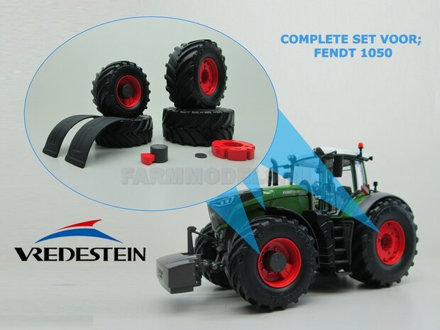 COMBI SET: FENDT 1050 Wiking: 2x &Oslash; 57.8 mm + 2x &Oslash; 71.9 mm BANDEN + WIELGEWICHTEN + SPATBORDEN + LUCHTSYST. + AFDEK KAP voor ombouw Fendt 1050 geschikt voor Fendt 1050 Wiking, 1:32