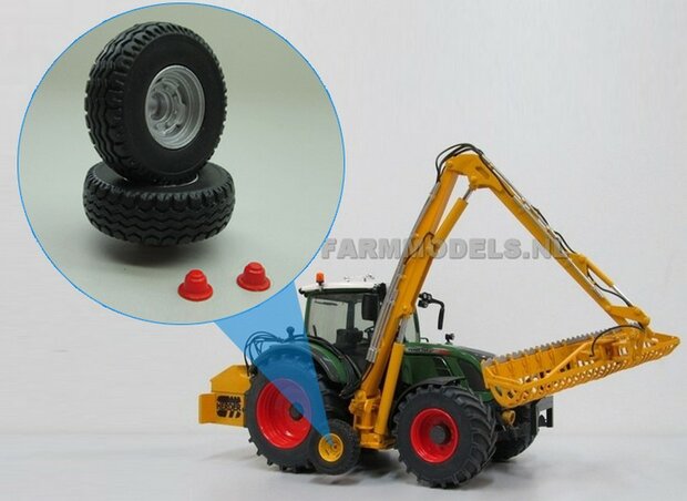 &Oslash; 25.5 mm x 8.5 mm: 2x Transport / Loopwiel bandjes + Zilvergrijze velgen + Rode Eindkapjes 1:32