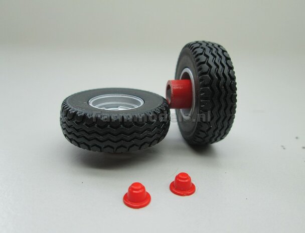 &Oslash; 25.5 mm x 8.5 mm: 2x Transport / Loopwiel bandjes + Zilvergrijze velgen + Rode Eindkapjes 1:32