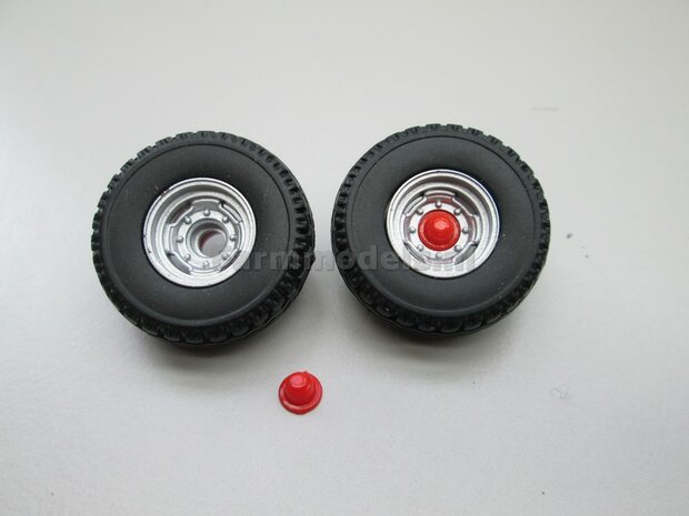 Zilvergrijze velgen + Transport / Loopwiel bandjes + Rode Eindkapjes &Oslash; 25.5 mm x 8.5 mm 1:32
