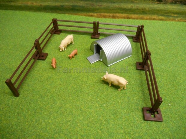 Varkens hok + 2 Varkes &amp; 2 biggetjes + hekwerk - dieren hokken stal varkens verblijf 1:32 BR43140A1