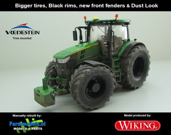 EXAMPLE PICTURE   John Deere 7310 Farmmodels editie, Brede banden + zwarte velgen + nieuwe spatborden + dust look 1:32   