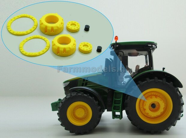 2x Wielgewicht met steekas uiteinde + Velg ringen John Deere geel geprint, &Oslash; 31 mm, 8-delig kunststof GEEL geprint 1:32 