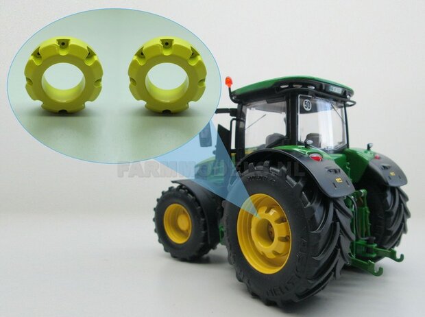 2x Wielgewicht John Deere Geel gespoten (7310R) &Oslash; 24.5 mm, uit massief Aluminium gefreesd, 1:32                    