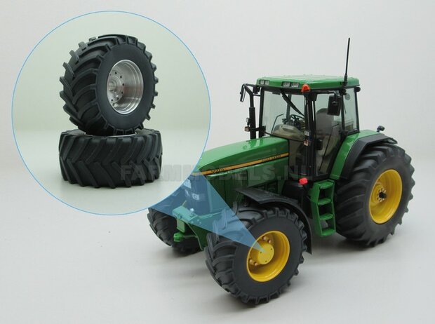 John Deere 7710 Aluminium vooras velgen + banden &Oslash; 47 mm, geschikt voor de John Deere 7710 Schuco 1:32  