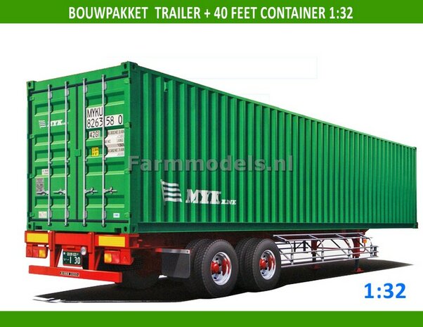 2-ASSER Trailer + 40ft Container Bouwpakket, incl. dubbellucht banden + velgen + eind doppen 1:32  abk05290