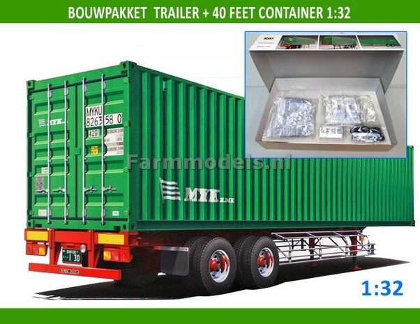 2-ASSER Trailer + 40ft Container Bouwpakket, incl. dubbellucht banden + velgen + eind doppen 1:32  abk05290