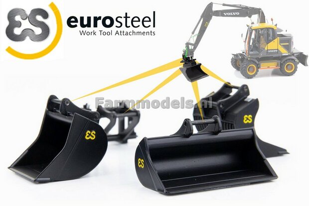 4x Eurosteel: 4x bakken/ hulpstukken geschikt voor snelwissel/ Tiltrotator 6S/ S60 Koppeling 1:32 AT3200104       