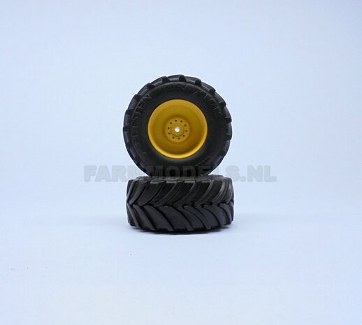 &Oslash;&nbsp; 68 x 32 mm: JOHN DEERE 8500i: 2x Vredestein banden + ALUMINIUM Velgen BLANK geleverd voor de vooras van de  John Deere 8500i hakselaar, 1:32            