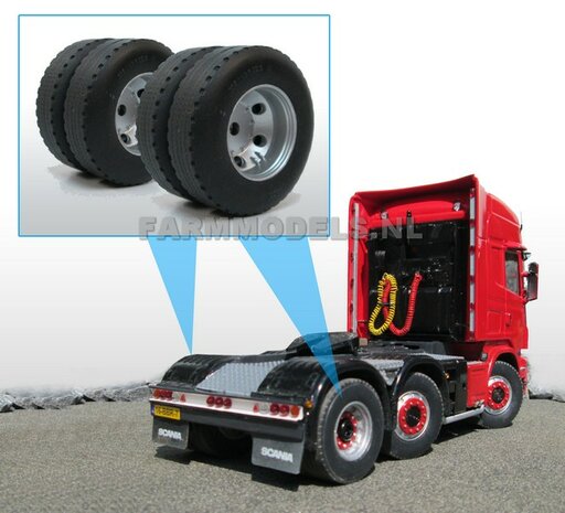 2x Antraciet BPW Eindvertraging VLAKKE ONDERKANT!!, &Oslash; 9 mm t.b.v. velgen dubbelle montering truck / vrachtwagen bandenset - 1:32