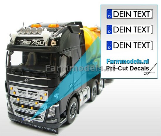 DEIN TEXT  3x DE Kennzeichenaufkleber Pr&eacute;-Cut Decals mit Ihrem angegebenen Text 1:32 Farmmodels.nl