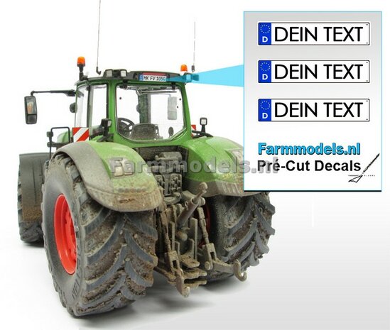 DEIN TEXT  3x DE Kennzeichenaufkleber Pr&eacute;-Cut Decals mit Ihrem angegebenen Text 1:32 Farmmodels.nl
