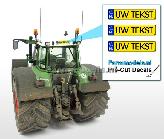 UW TEKST  3x NL Kentekenplaatsticker Pr&eacute;-Cut Decals met uw opgegeven tekst 1:32 Farmmodels.nl