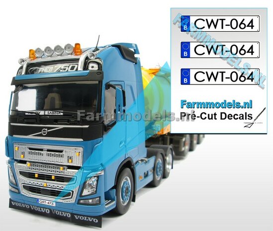 CWT-064 3x BE WITTE Kentekenplaatsticker ZWARTE LETTERS Pr&eacute;-Cut Decals 1:32 Farmmodels.nl