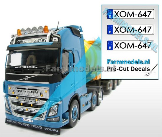 XOM-647 3x BE WITTE Kentekenplaatsticker ZWARTE LETTERS Pr&eacute;-Cut Decals 1:32 Farmmodels.nl