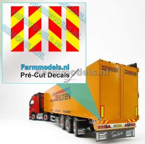 4x ROOD-GEEL Gestreepte gevarenstickers Pr&eacute;-Cut Decals 1:32 Farmmodels.nl