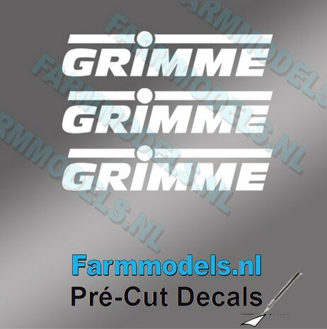 3x GRIMME stickers WIT op Transparant 2 mm hoog Pr&eacute;-Cut Decals 1:32 Farmmodels.nl 
