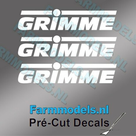 3x GRIMME stickers WIT op Transparant 3 mm hoog Pr&eacute;-Cut Decals 1:32 Farmmodels.nl 