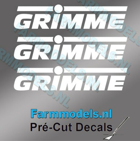 3x GRIMME stickers WIT op Transparant 4 mm hoog Pr&eacute;-Cut Decals 1:32 Farmmodels.nl 