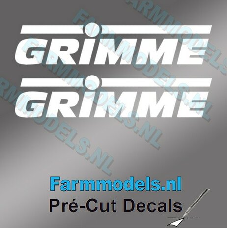 2x GRIMME stickers WIT op Transparant 5 mm hoog Pr&eacute;-Cut Decals 1:32 Farmmodels.nl 