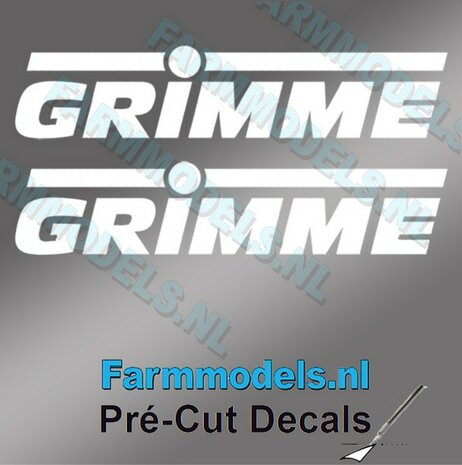 2x GRIMME stickers WIT op Transparant 6 mm hoog Pr&eacute;-Cut Decals 1:32 Farmmodels.nl 