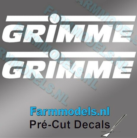 2x GRIMME stickers WIT op Transparant 7 mm hoog Pr&eacute;-Cut Decals 1:32 Farmmodels.nl 