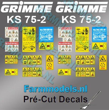 Stickerset voor bouwkit loofklapper GRIMME KS 75-2 + div. Gevarenstickers Pr&eacute;-Cut Decals 1:32 Farmmodels.nl 