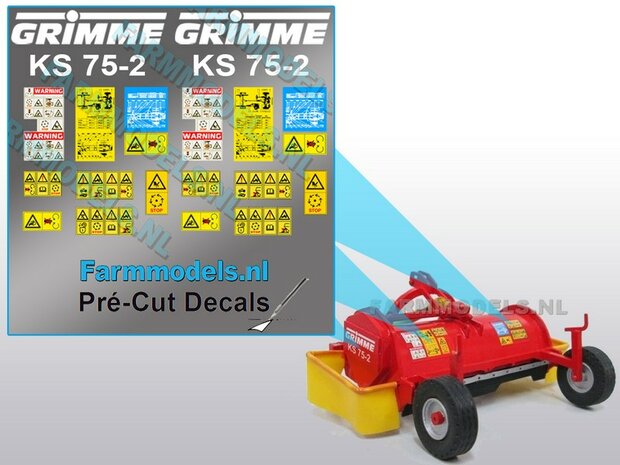 Stickerset voor bouwkit loofklapper GRIMME KS 75-2 + div. Gevarenstickers Pr&eacute;-Cut Decals 1:32 Farmmodels.nl 