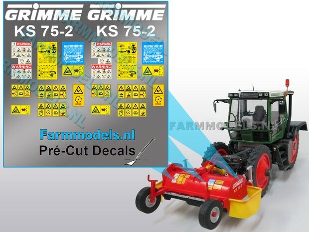 Stickerset voor bouwkit loofklapper GRIMME KS 75-2 + div. Gevarenstickers Pr&eacute;-Cut Decals 1:32 Farmmodels.nl 