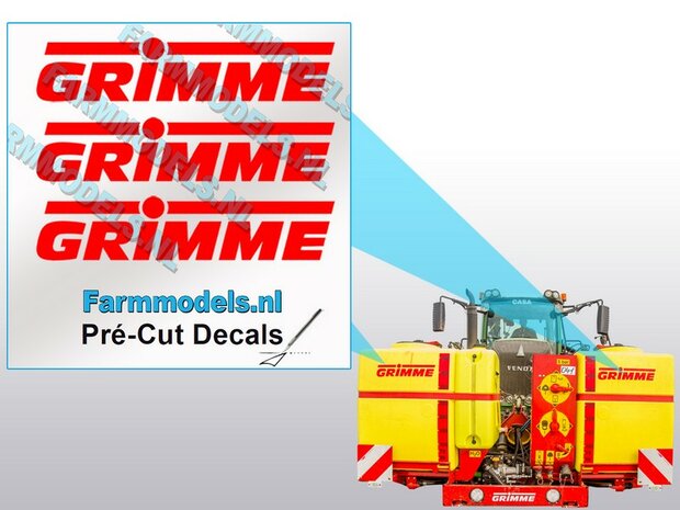 3x GRIMME stickers ROOD op Transparant 4 mm hoog Pr&eacute;-Cut Decals 1:32 Farmmodels.nl 