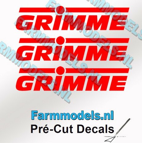 3x GRIMME stickers ROOD op Transparant 4 mm hoog Pr&eacute;-Cut Decals 1:32 Farmmodels.nl 