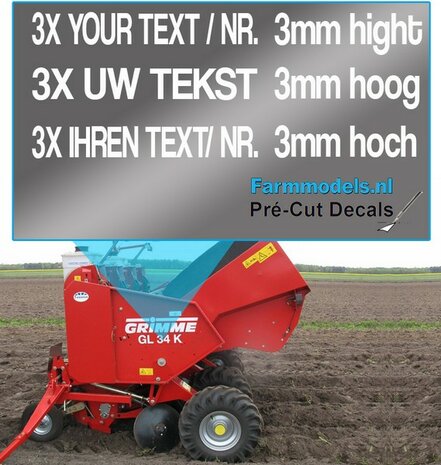 3x UW TEKST/ TYPENR. GRIMME LETTERTYPE 3mm hoog stickers WIT op Transparant Pr&eacute;-Cut Decals 1:32 Farmmodels.nl 