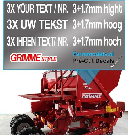 3x UW TEKST/ TYPENR. GRIMME LETTERTYPE WITTE RAND 3+1.7mm hoog stickers WIT op Transparant Pr&eacute;-Cut Decals 1:32 Farmmodels.nl 