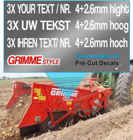 3x UW TEKST/ TYPENR. GRIMME LETTERTYPE WITTE RAND 4+2.6mm hoog stickers WIT op Transparant Pr&eacute;-Cut Decals 1:32 Farmmodels.nl 