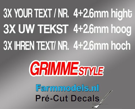 3x UW TEKST/ TYPENR. GRIMME LETTERTYPE WITTE RAND 4+2.6mm hoog stickers WIT op Transparant Pr&eacute;-Cut Decals 1:32 Farmmodels.nl 