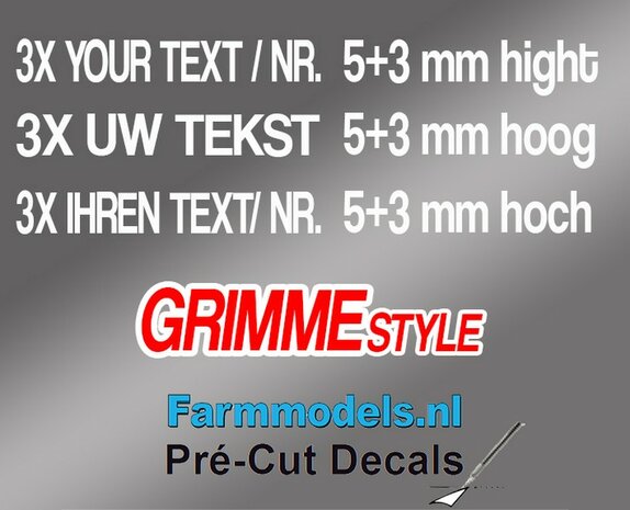3x UW TEKST/ TYPENR. GRIMME LETTERTYPE WITTE RAND 5+3mm hoog stickers WIT op Transparant Pr&eacute;-Cut Decals 1:32 Farmmodels.nl 