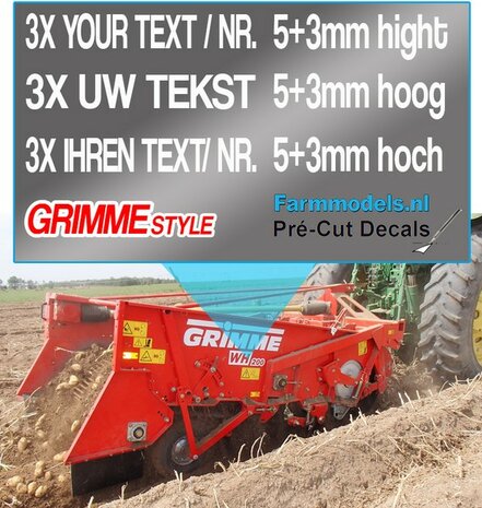 3x UW TEKST/ TYPENR. GRIMME LETTERTYPE WITTE RAND 5+3mm hoog stickers WIT op Transparant Pr&eacute;-Cut Decals 1:32 Farmmodels.nl 